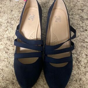 JG blue suede 3 inch heels with fabric 3 ribbons